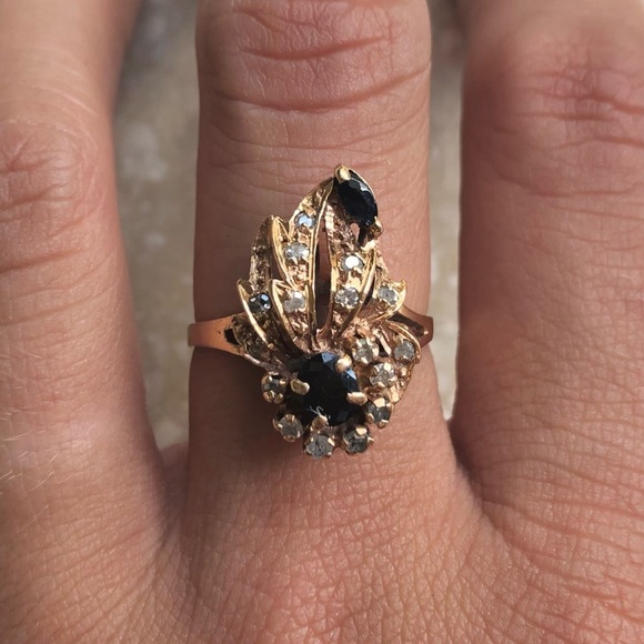 Designer Yellow Gold Sapphire Diamond Vintage Ring - Picture 1 of 12